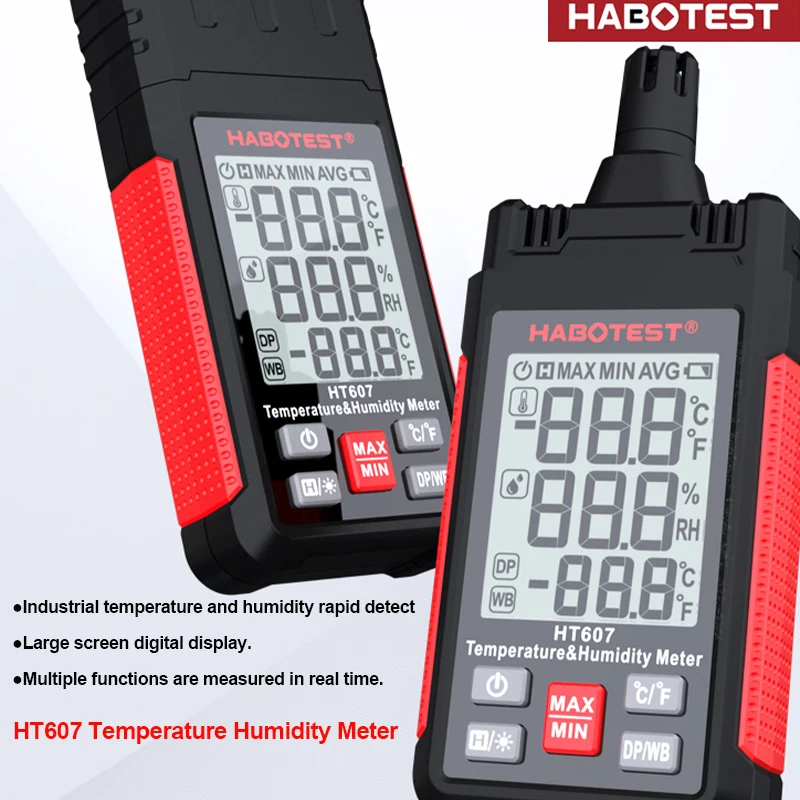 

High Precision Industrial Digital Temperature Humidity Meter Ambient/Dew-point/Wet-Bulb Temp Hygrometer with LCD HD Backlight