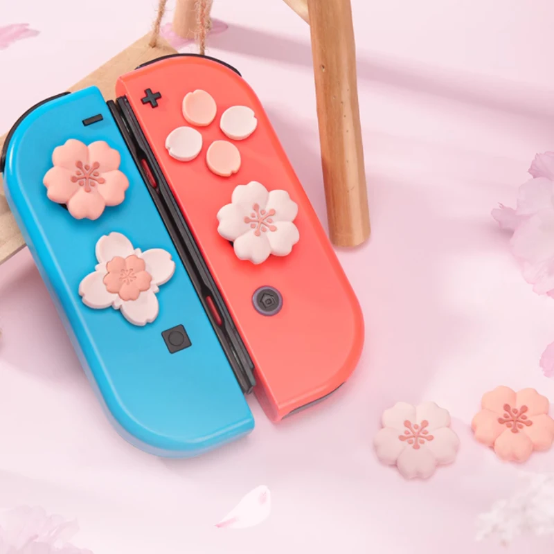 Pink Sakura Silicone Soft D-pad Cross Button ABXY Key Sticker Skin Case For Switch Oled NS Joy-con Thumb Stick Grip Cap Cover