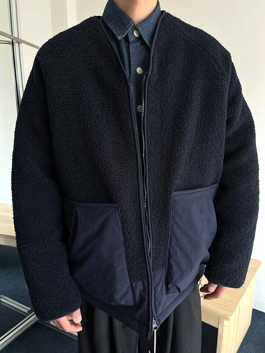 

Thiened Cotton Jaet Lamb Velvet Collarl Men's Outerwear Casual Youthful Polyester Warm Long Sve Zipper Closure Coat