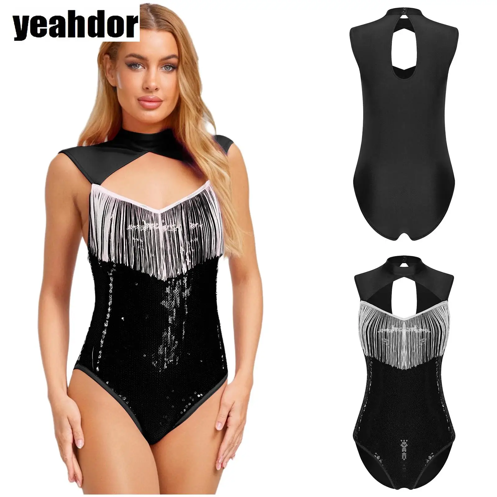 

Женские трико с блестками и кисточками, блестящие комбинезоны с бахромой, цельный боди без рукавов, Клубная одежда, вечеринка у бассейна на Хэллоуин