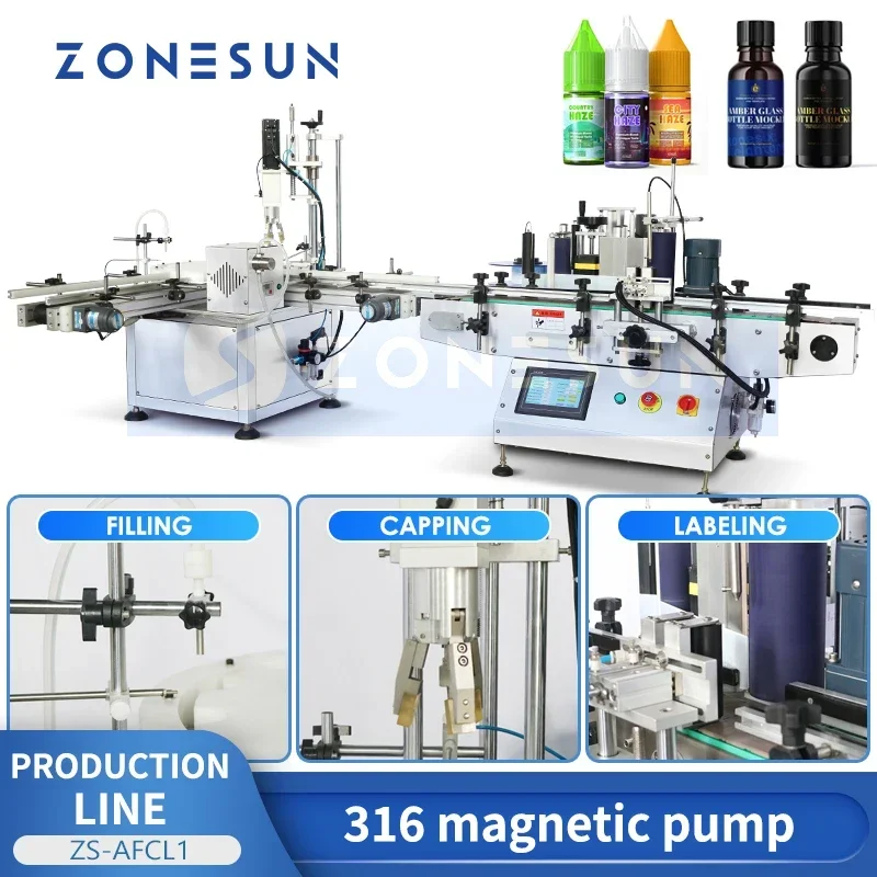 ZONESUN Linea di rifornimento automatica della pompa magnetica Riempimento di bottiglie rotonde Tappatura Etichettatrice Macchina imballatrice Bottiglia per occhi ZS-AFCL1