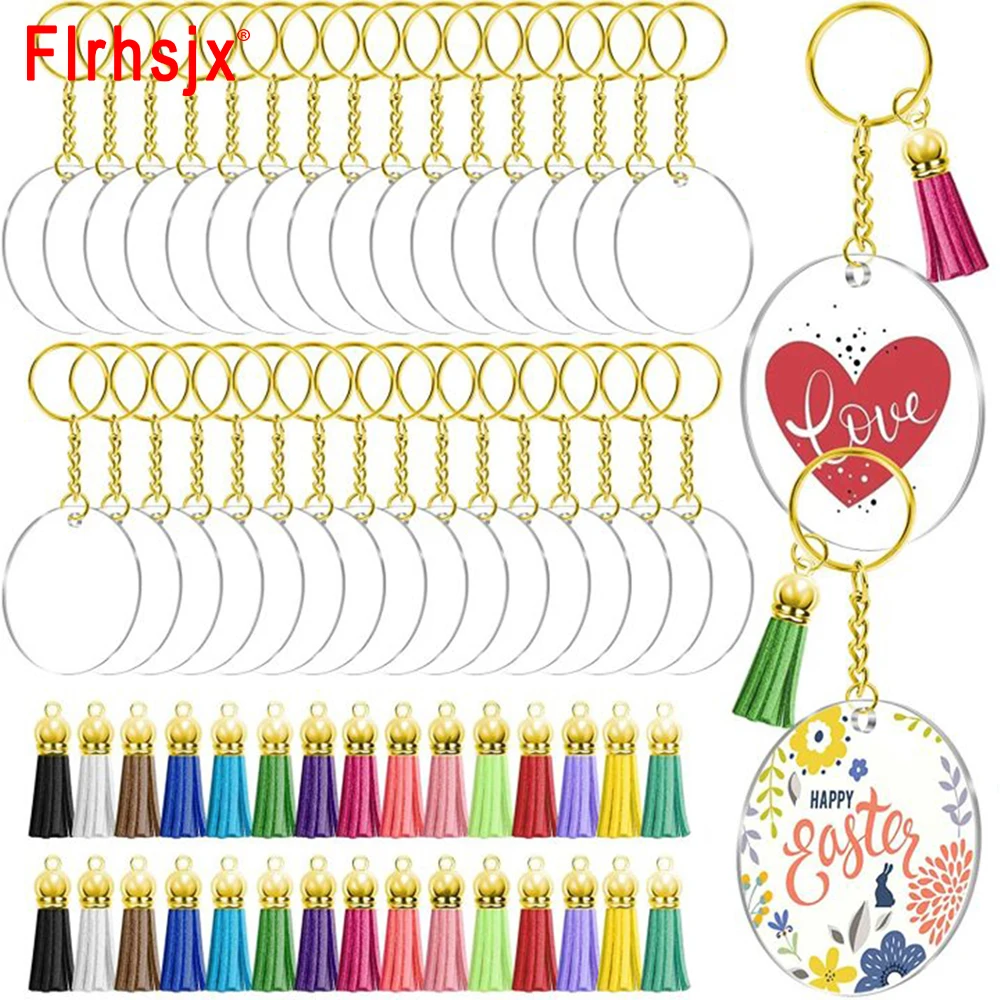 

120Pcs Acrylic Keychain Leather Tassel Pendant Blanks Clear Acrylic Circle Discs with Hole Monogram Keychains for DIY Keychain