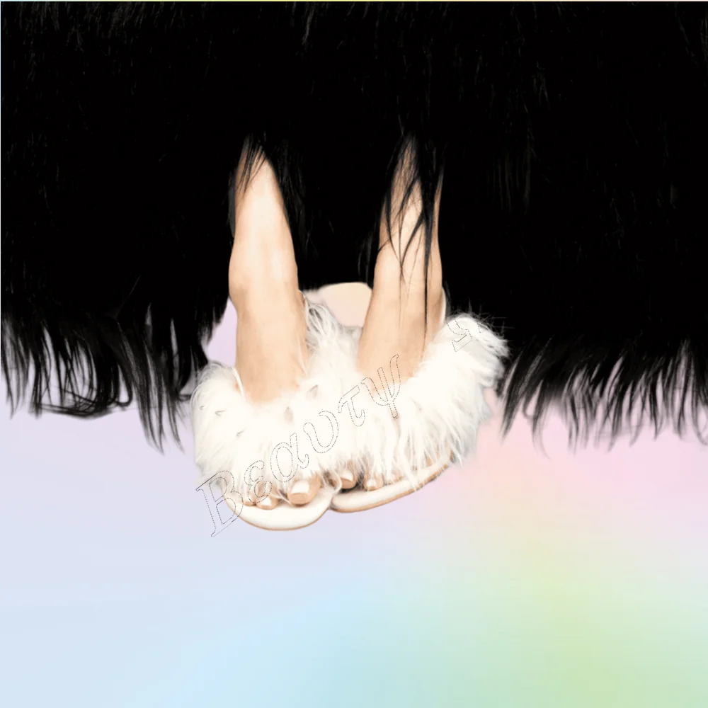 

White Fur Decor Thin Heel Sandals 12 cm Slippers Strange Style Side Women Heels Shoes for Women Shoes 2025 Zapatos Para Mujere