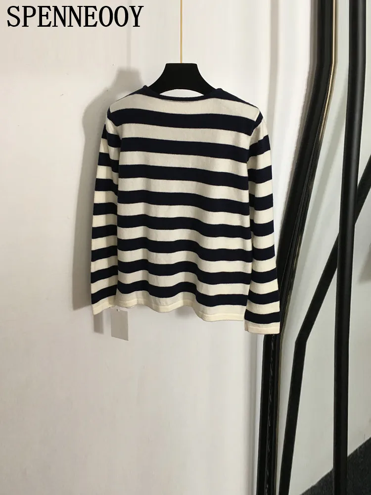 SPENNEOOY Fashion Runway Autumn Winter Striped Knitting Pullovers Women\'s O-Neck Loose Long Sleeve Indoor Casual Warm Sweaters