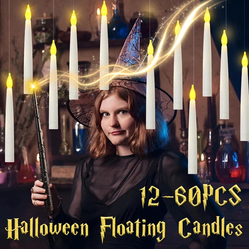 12-60PCS Floating Candles with Wand Magic Flameless Taper Candle Flickering Candlestick Hanging Halloween Decor/Wedding/Party
