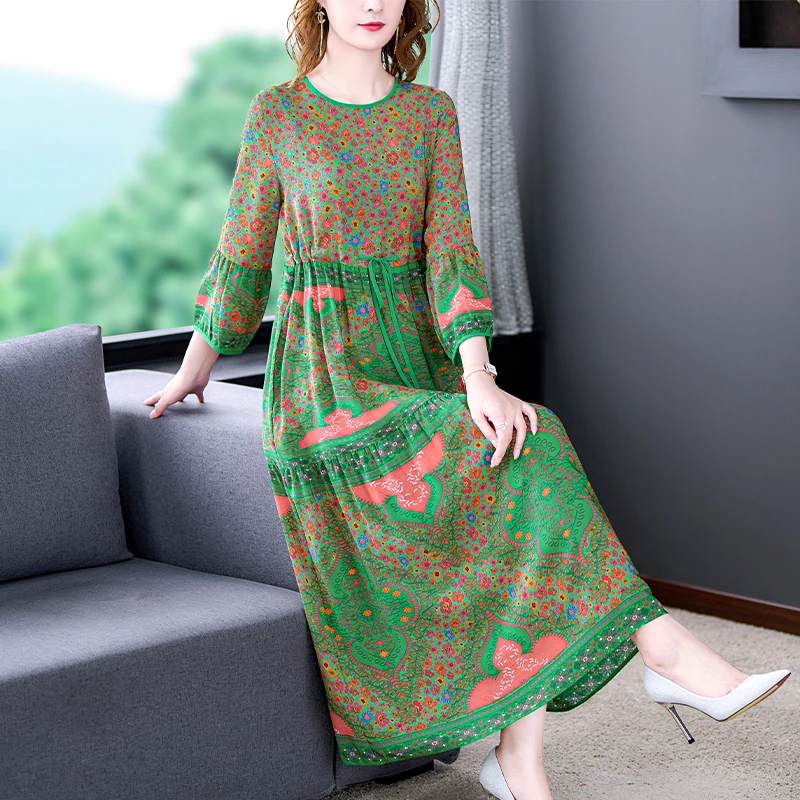 ZUOMAN Women Spring Elegant Silk Dress Shirt High Quality Long Maxi Floral Party Robe Femme New Designer Vintage Vestidos