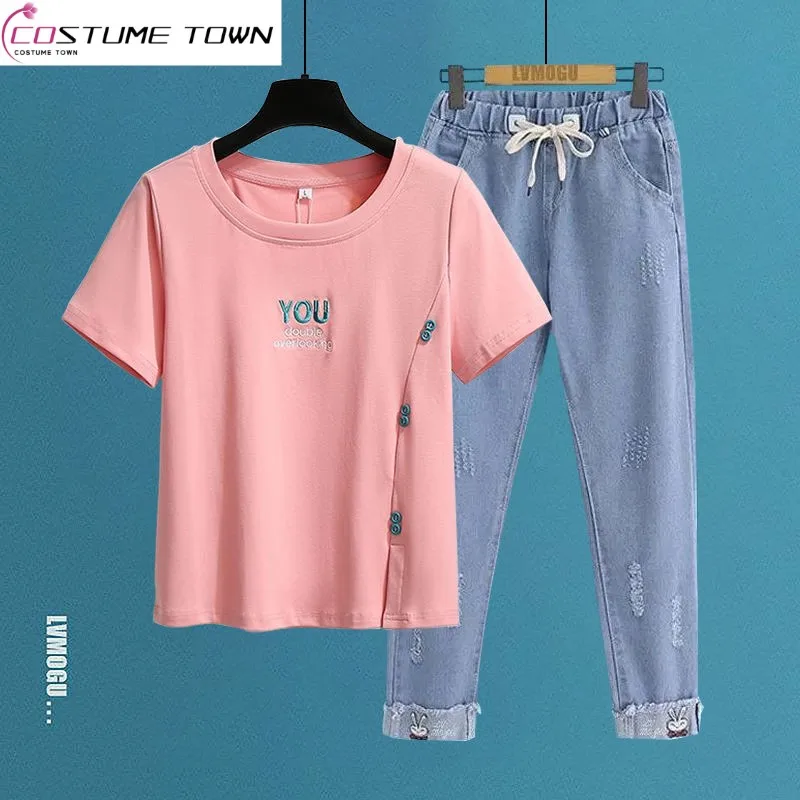 

Fashion suit women's 2023 spring and summer new age reduction irregular short sleeve t-shirt+high waist elastic jeans two-piece