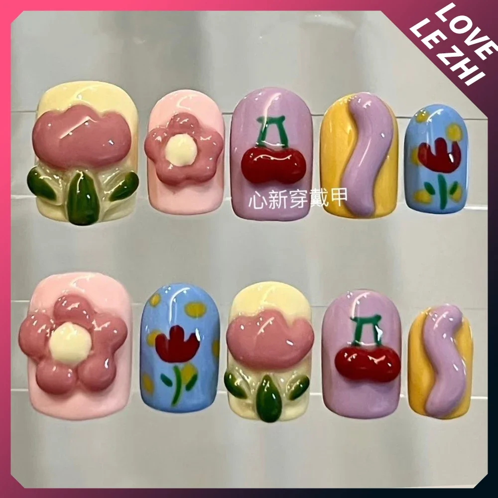 10Pcs Diy Creativity Funny Mash-Up Color Short Round Nail Art Lovely Flower Detachable Reusable Artificial Nails Art Stickers