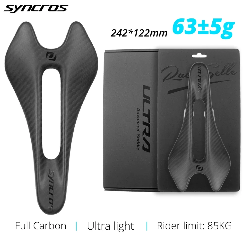 

Syncros Carbon Fiber Road Saddle Ultralight 63g 242*122mm Full Carbon Double-Track Hollow Breathable Bike Seat Cushion