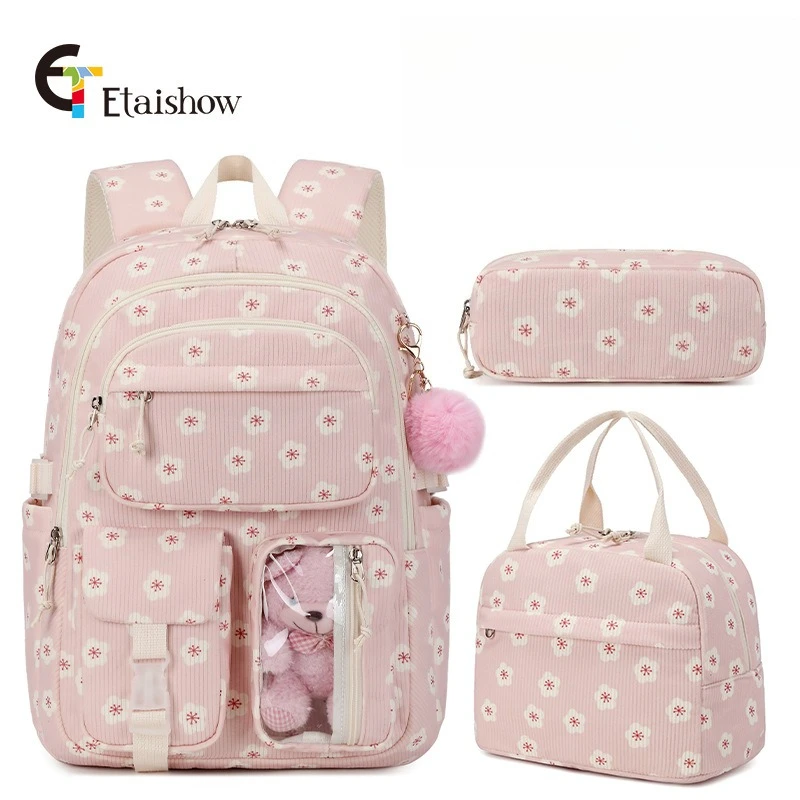 3 قطعة حقيبة ظهر للكلية سروال قصير مع حقيبة الغداء مقلمة لطيف فتاة مدرسة الفراولة طباعة حقيبة الكتب Daypack مجموعة للمراهقات النساء