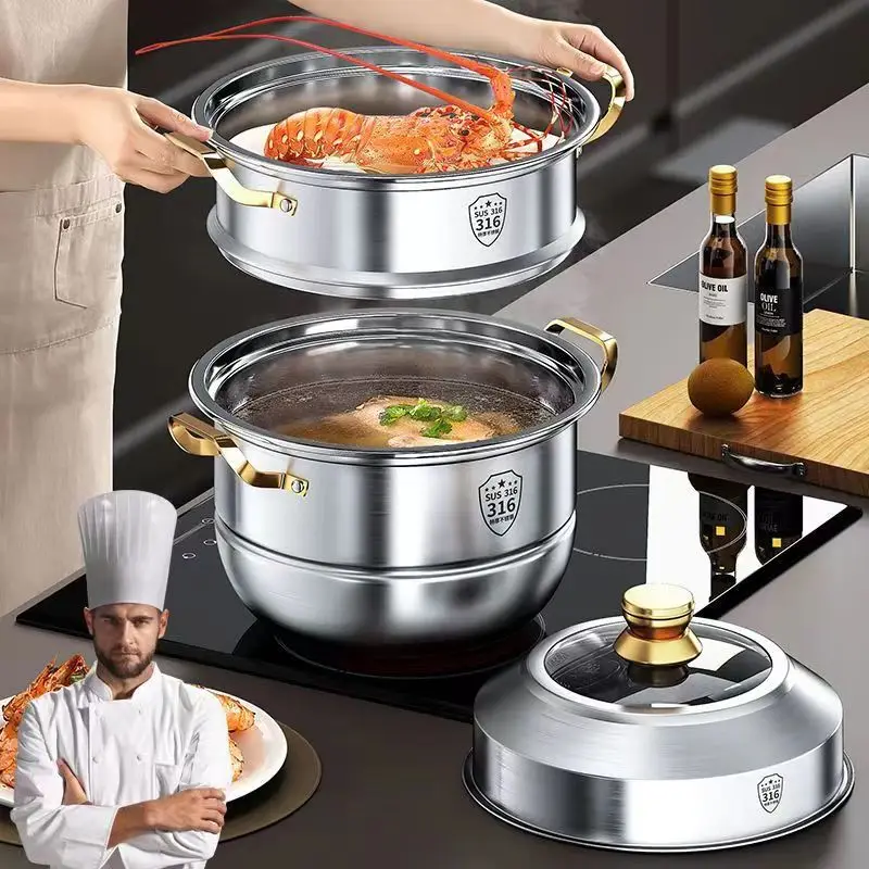 316 Stainless Steel Steam Pot, 4 Layers Steamer Cooker, Home Appliance, Soup Pot for Cooking, Hotpot, Cookware Set, 40cm