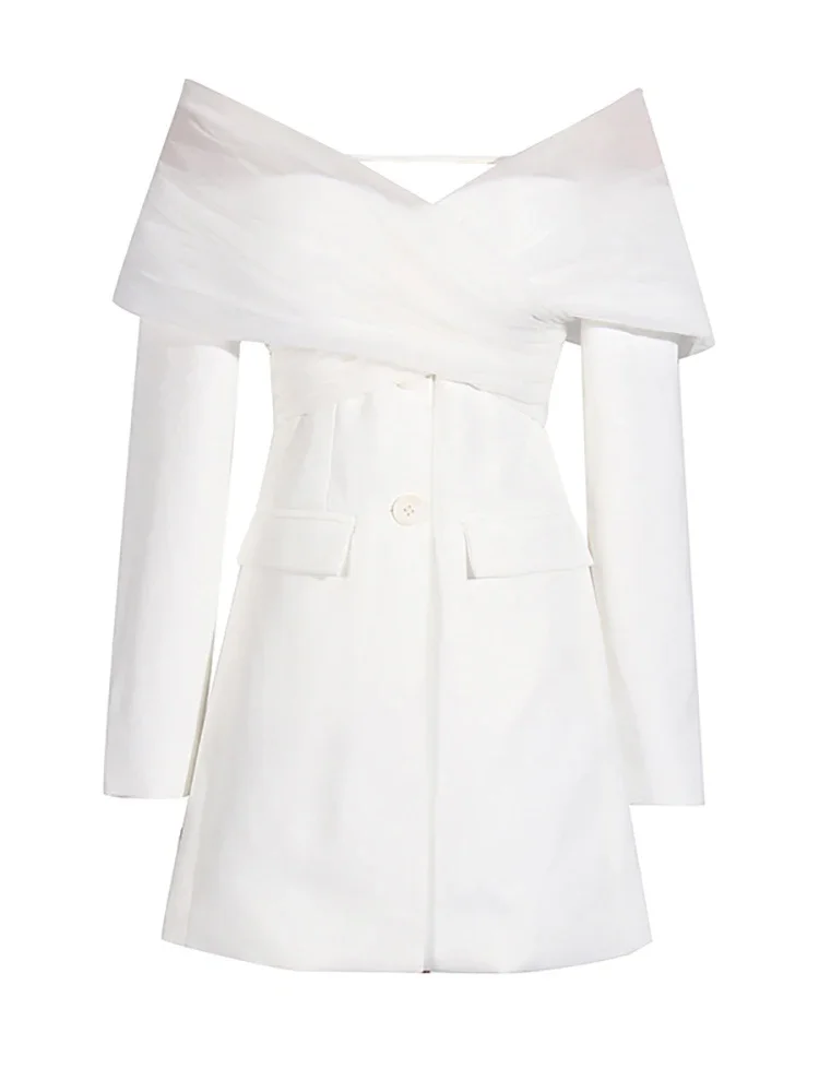 Sexy Off Shoulder Mesh Ruched Patchwork Blazer Women White Long Sleeves Single Breasted Slim Coat Evening Party Office