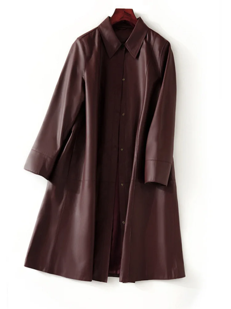 Women's Leather Trench, Wine Red, Sheepskin, Mid-Length Coat, OL Sheepskin Jacket, Lapel Collar, Spring Autumn Overcoat