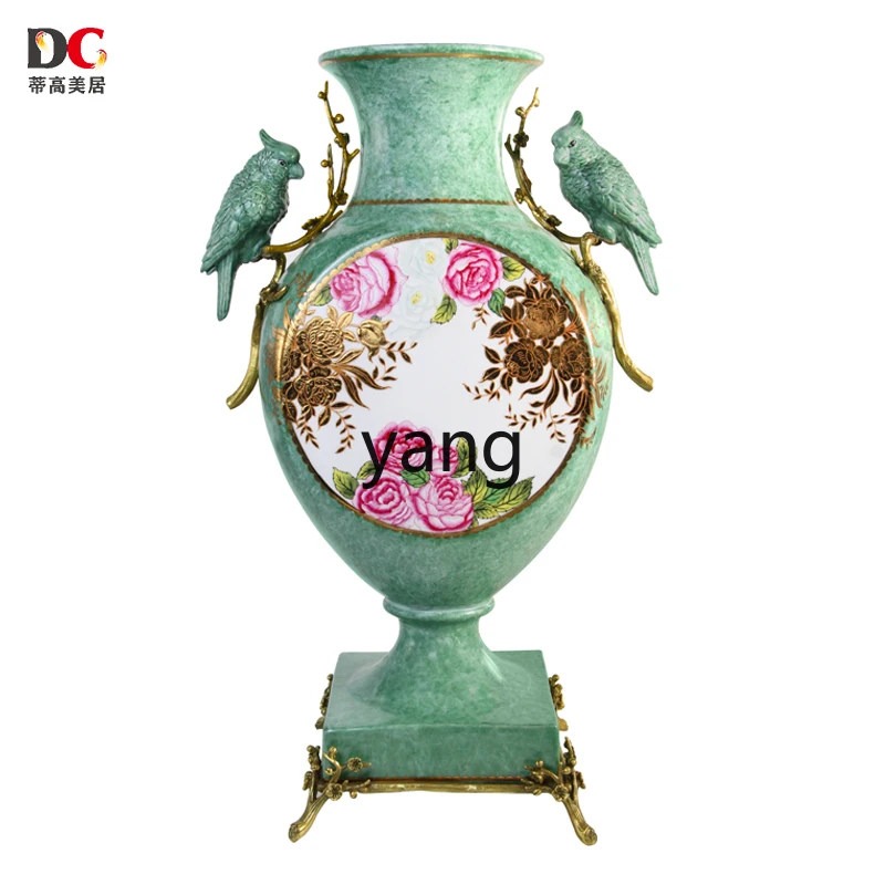 CX ceramic inlaid copper parrot hand-painted peony vase decoration