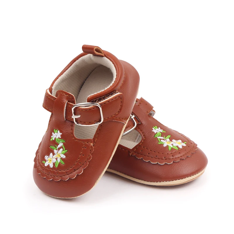 New Arrival Soft PU Leather Anti-slip TPR Sole Newborn Toddler Kids Girl Shoes Flower Embroidery Spring and Autumn New Fashion