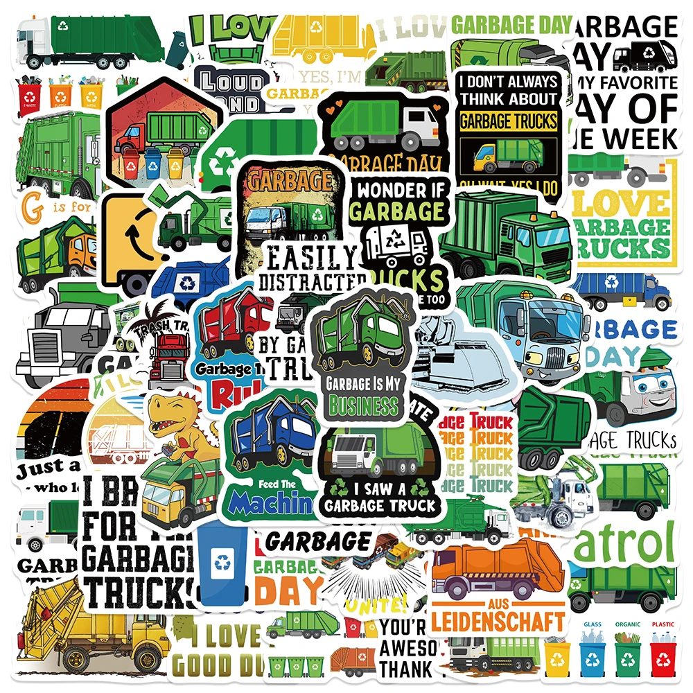 50pcs Green Garbage Trucks Stickers Decals For Phone Laptop Water Cup Scrapbook Skateboard Cartoon Aesthetic Stickers Kids Gifts