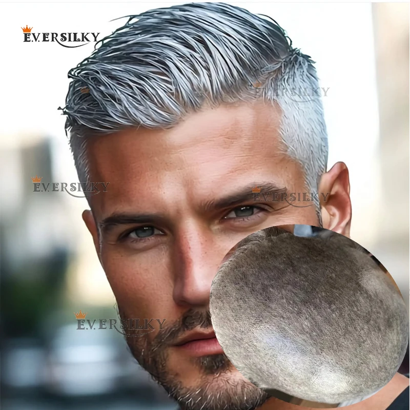 باروكة ذكر رفيعة للغاية ومتينة بنسبة 100%، شعر بشري رمادي وأسود وبني # 1B80 الرجال الشعر المستعار شعري طبيعي كامل الجلد بو الشعرية الاصطناعية #1