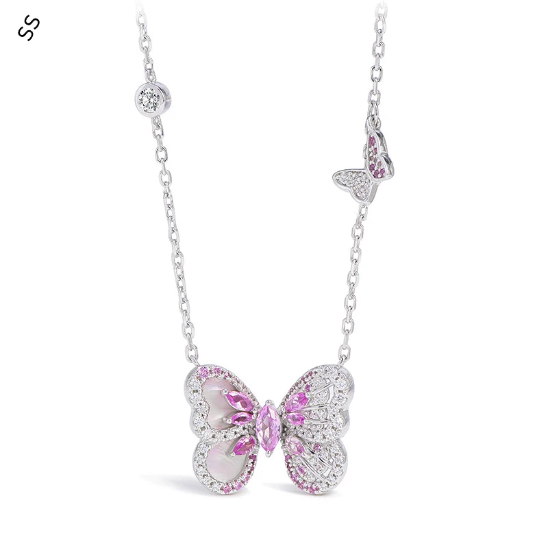 Pink Shell Red Corundum Butterfly Ring S925 Silver Necklace Earring Light Luxury Fashion Gemstone Ruby Jewelry 3 Piece Sets Girl