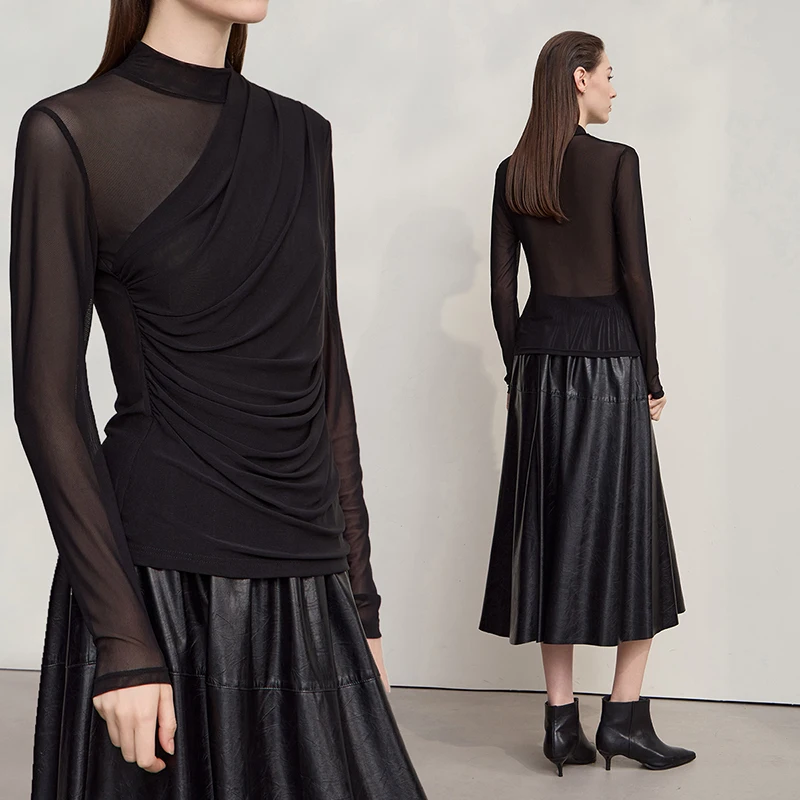 AMII تي شيرت حريمي 2025 خريف جديد س الرقبة سليم تنوعا سيدة محبوك القمم كم طويل مثير انظر من خلال شبكة تي شيرت 12543162