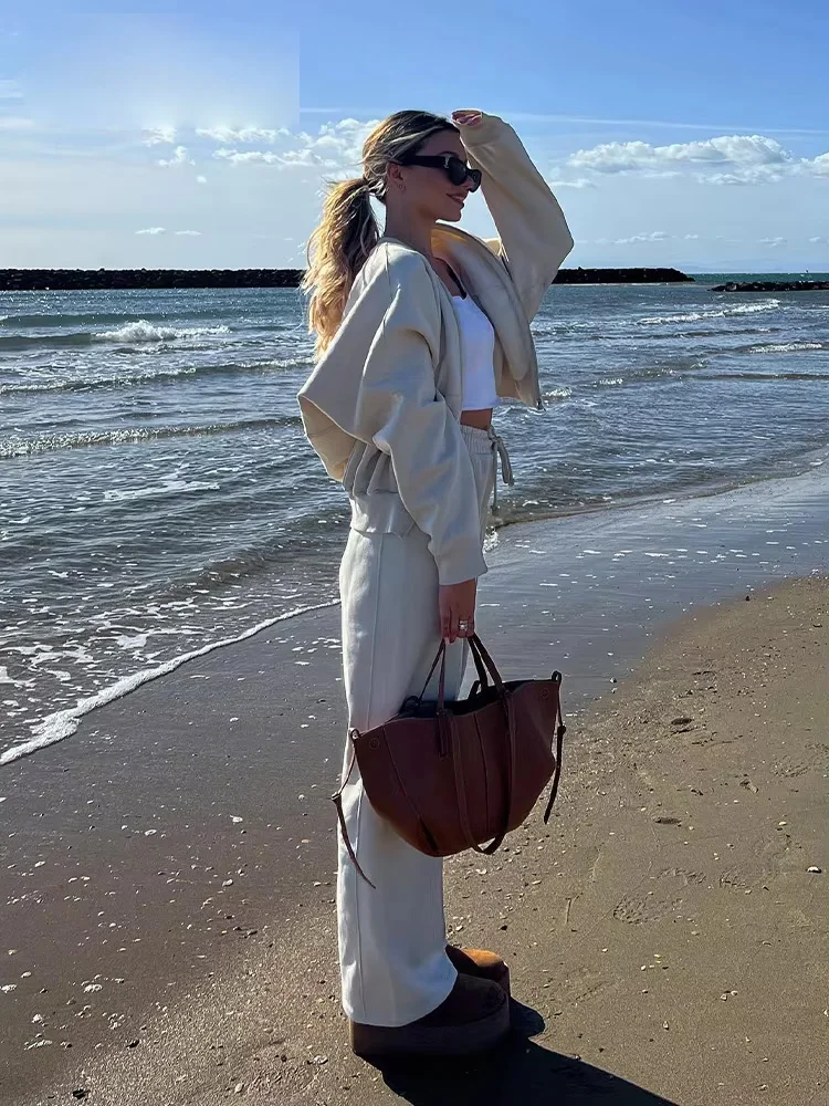 2024 Autumn Women\'s Thick Hoodie Coat + Drawstring High Waist Loose Casual Pants Set Lined Fleece Woman\'s Clothing Street