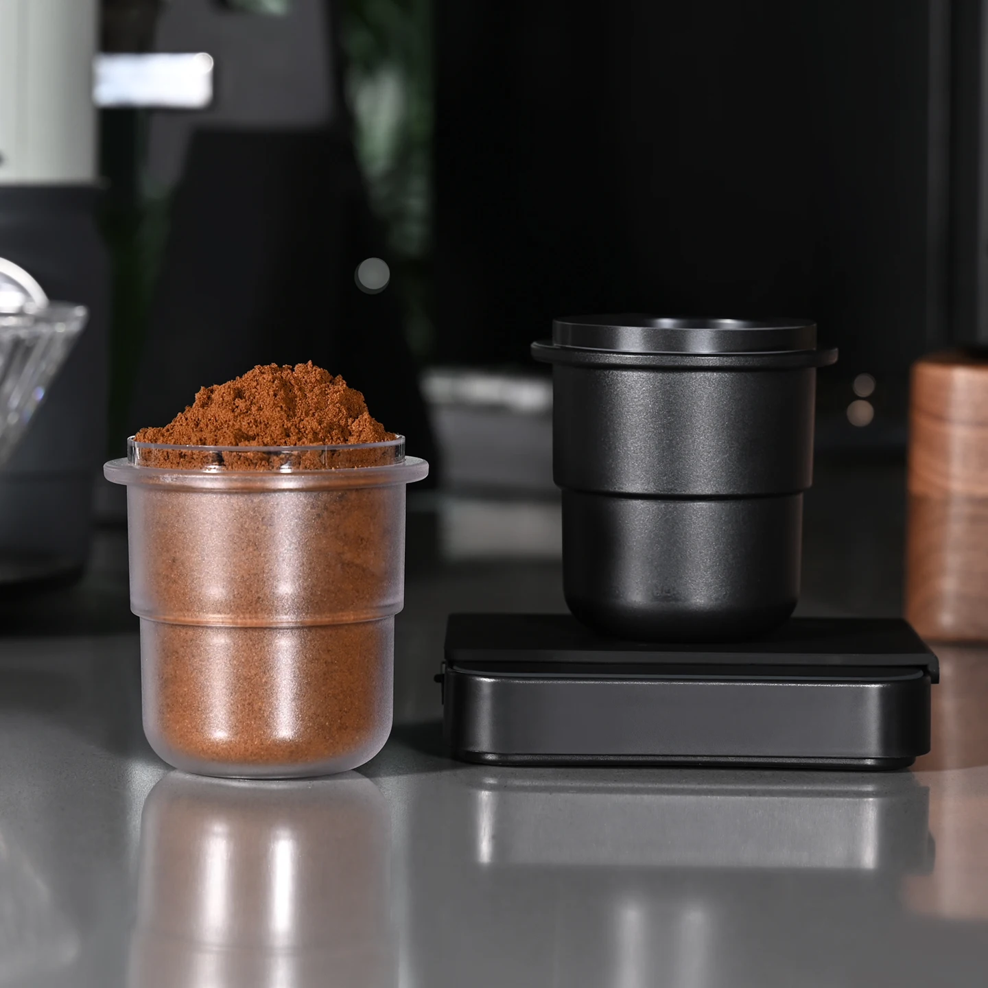Taza dosificadora de 58 mm para portafiltro de café, taza negra transparente para degustar el espresso, taza dosificadora de café, herramientas para máquinas de café que evitan que el café se esparza.