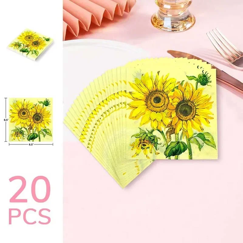 20pcs/Pac 33cm 2-Ply Sunflower Printed Coloured Napkins Housewares Printed Tissue Paper Tray Festive Party Customizable