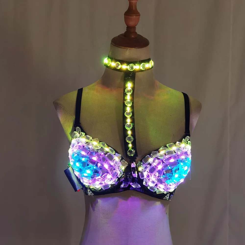 Sexy LED Bra for Women Colorful Flashing Stage Wear Glowing Diamond Underwear for Singers Dancers Punk Club Night Outfits
