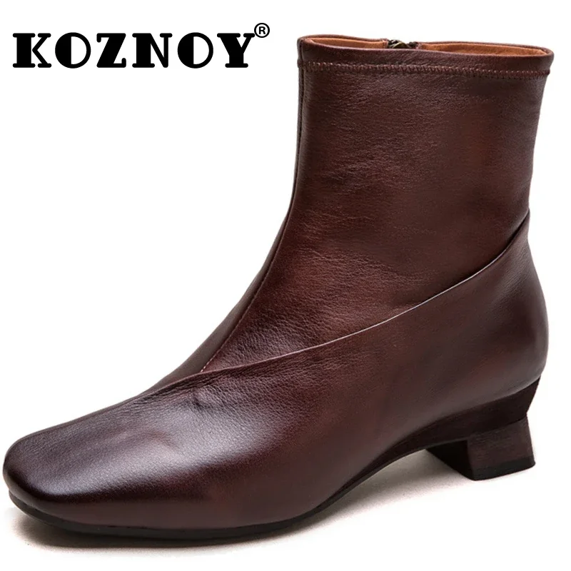 

Koznoy 4.5cm Cow Genuine Leather Ethnic Flats Ankle Booties Autumn Ladies Fashion Point Toe Spring Chunky Heels Women ZIP Shoes