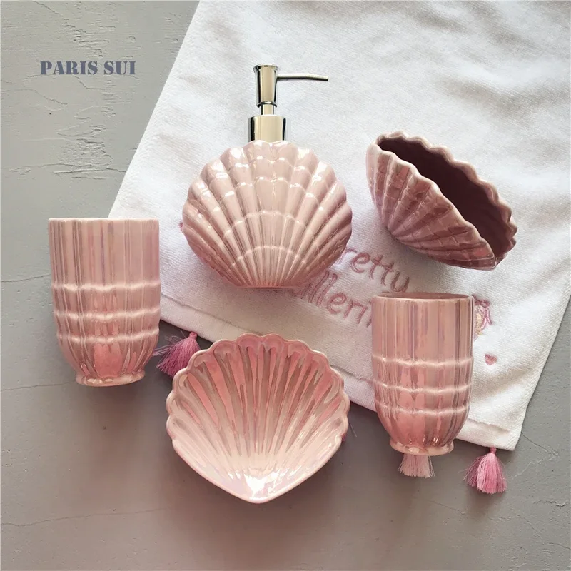 Ceramic Shell shape Bathroom Accessory Set Washing Tools Bottle Mouthwash Cup Soap Toothbrush Holder Household Articles