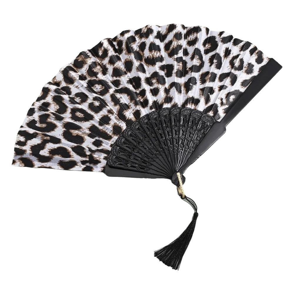 Portable Collapsible Folding Fan Decorative Tassel Leopard Print Fan Handheld Dance Fan Performance Use