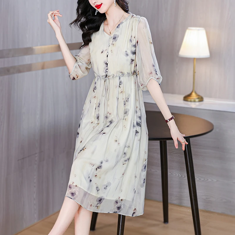 

2024 Summer New Silk Flower Printed Short sleeved Dress for Women's V-neck Loose Large Medium Length Knee Length Dress