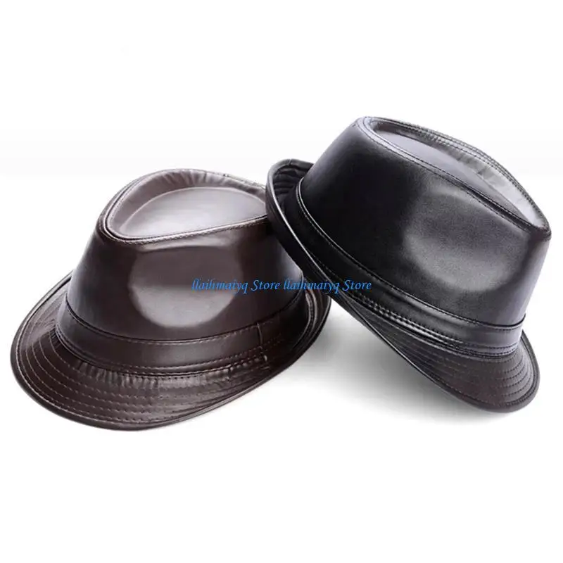 

573B Lightweight Gentleman Faux-leather Hat for Halloween Christmas Windproof Vintage Hat for Casual Gentleman Hat