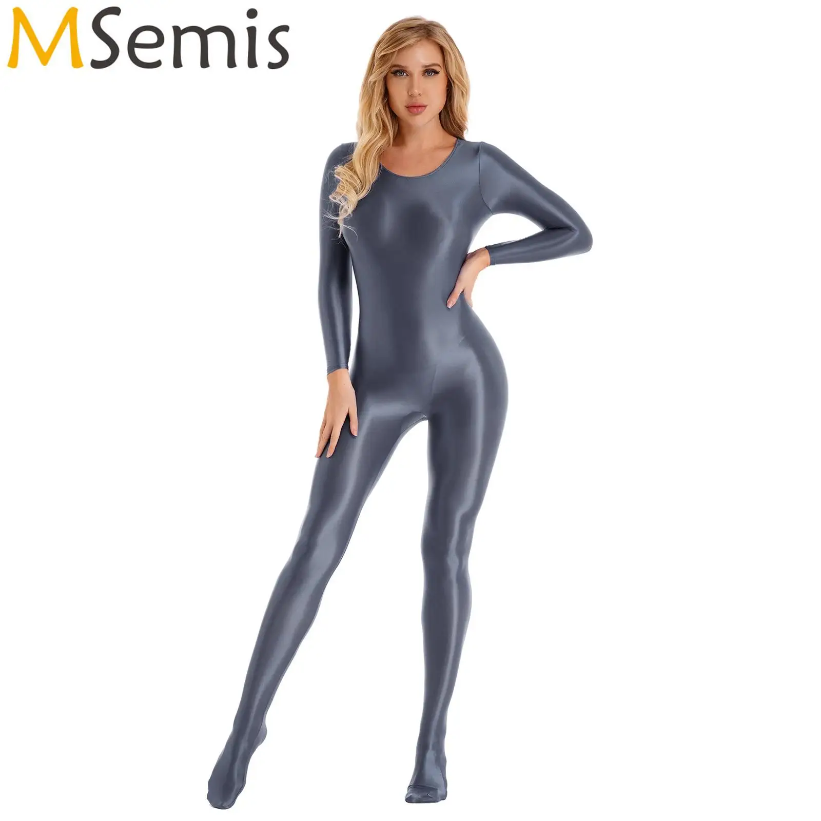 

Womens Lingerie OilShiny Glossy Bodystocking Long Sleeve Yoga Full Bodysuit Stretchy Catsuit Zentai Unitard Transparent Jumpsuit