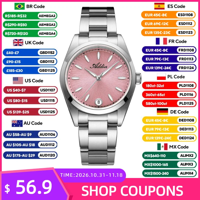 ADDIES 31mm Women Watches Sapphire Glass 316L Stainless Steel 50m Waterproof Sport Business Quartz Ladies Watch Luminous Gift