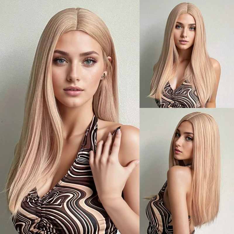 Natural Blonde Long Straight Synthetic Wig Middle Part Wigs Natural Looking Silk Hair for Women Girls Daily Use Blonde Wig