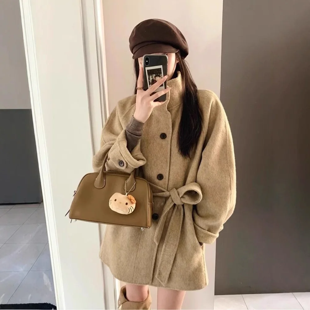 

Kaki Color Woolen Coat Women's Autumn Winter Short Style Korean Style Thin High Quality Feel Button up Thickened Long Sleeve