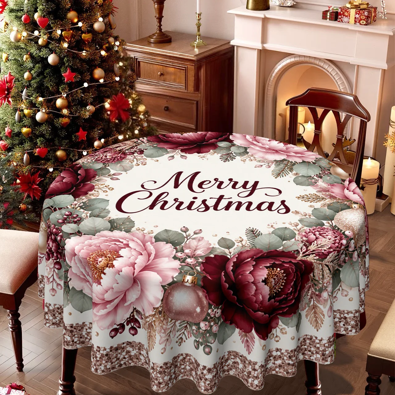 1 round tablecloth, Christmas-themed decoration, floral pattern - holiday table cloth with trim