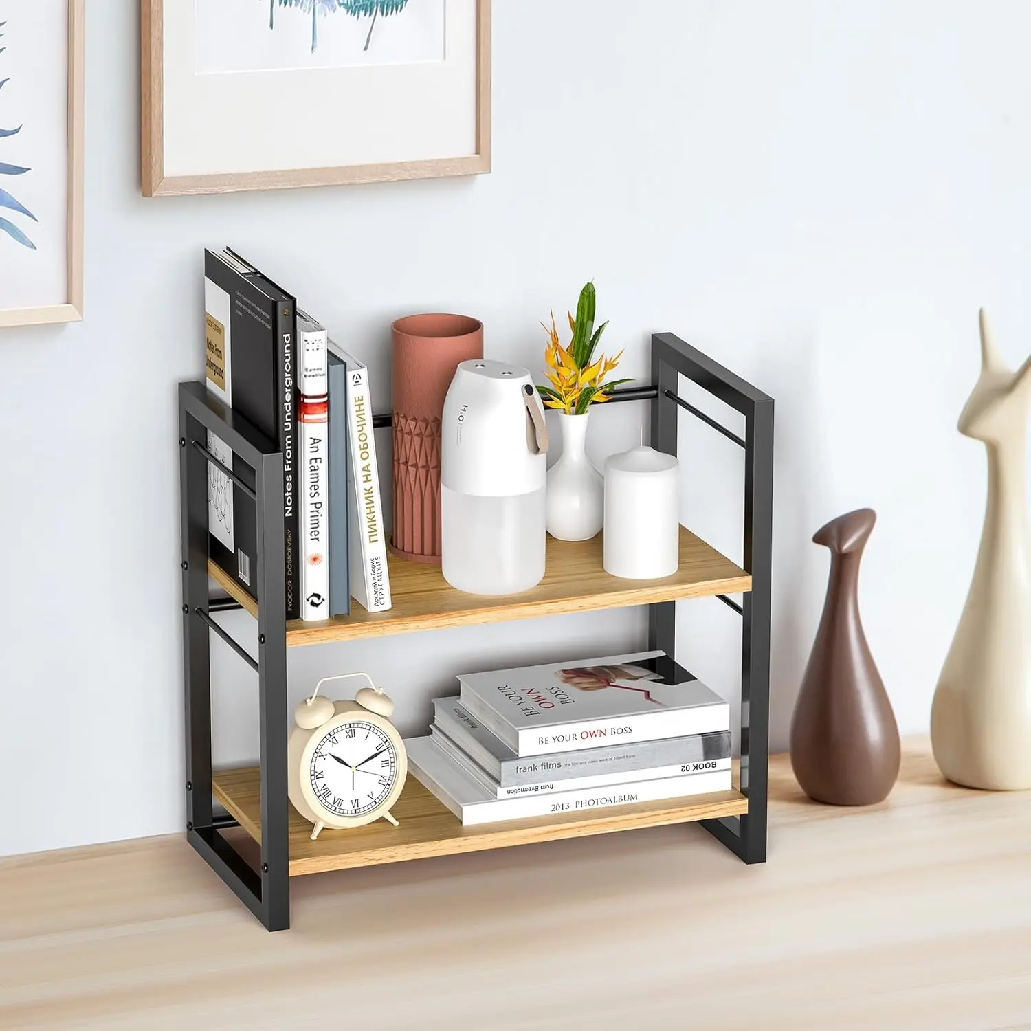 Wood Desktop Bookshelf Supplies Storage Rack, Shelf for Top of Desk and Dresser (Black-2 Tier)