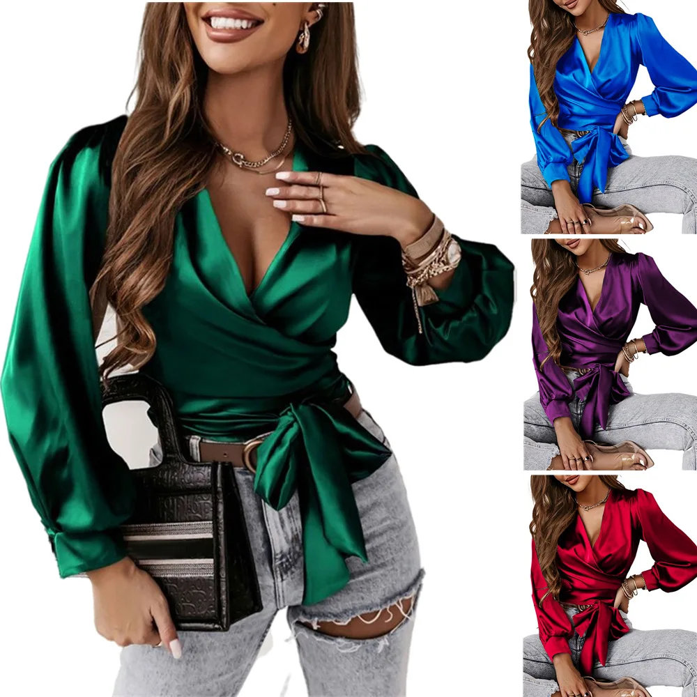 Satin Shirt Women\'s Artificial Silk Long Sleeve Cross Lace-up Shirt Solid Color Summer Top Blouse