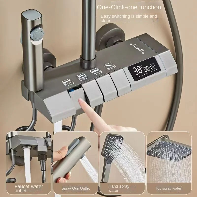 Imagem -04 - Inteligente Banheiro Digital Display Torneira do Chuveiro Conjunto Sistema Cinza Gun Grey 4-way Rainfall Bathroom Mixer Conjunto de Chuveiro Bidé