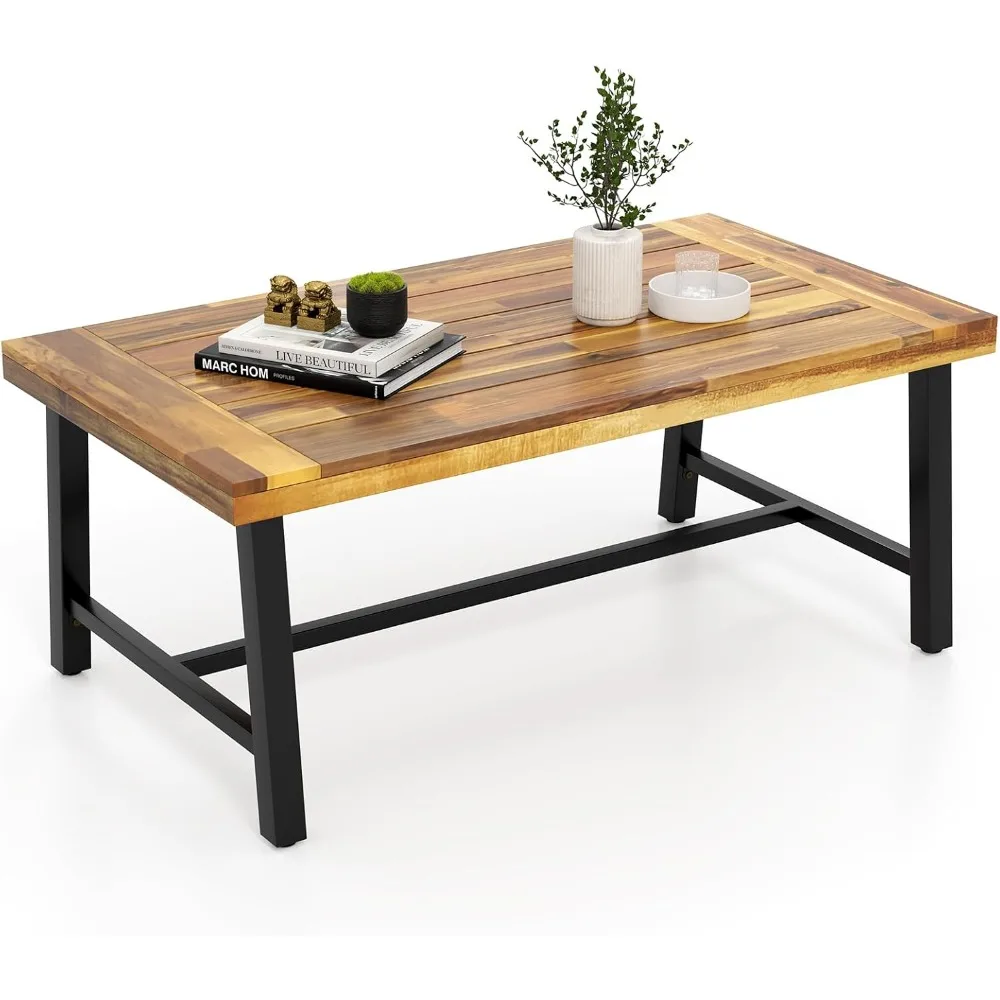 

Деревянный журнальный столик для улицы, прямоугольный деревенский акцентный столик с утолщенной столешницей и прочными металлическими ножками, для патио,