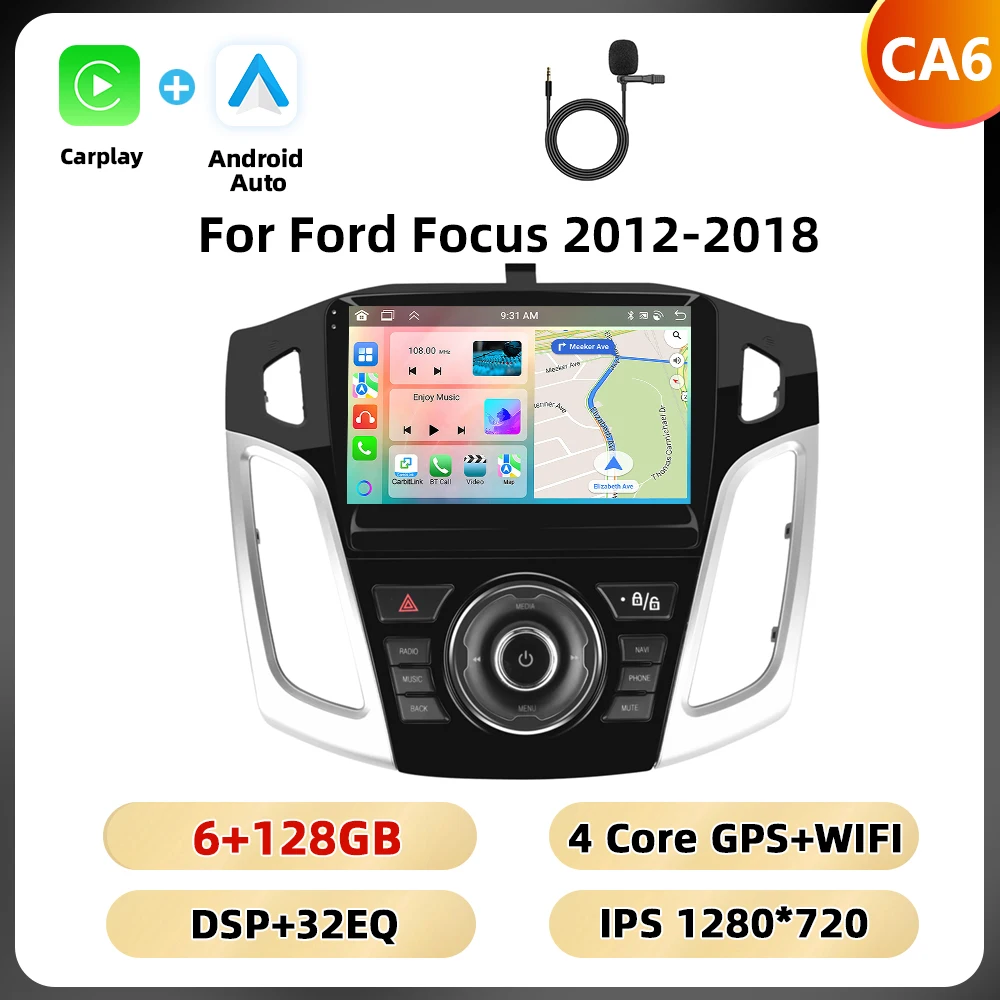 Podofo 2Din 8 + 128G Autoradio Voor Ford Focus 2012-2018 Multimedia Speler AI Voice WIFI 4G Carplay Android Auto USB Spiegel Link