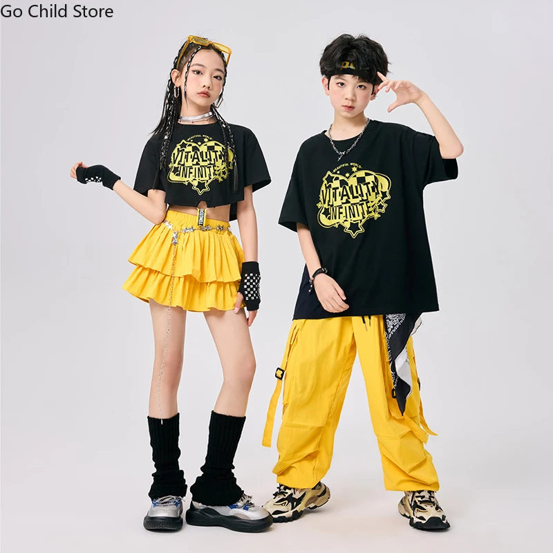 Hip Hop Girls Cool Crop Top Cargo Pants Street Dance Layered Skirts Boys Streetwear Children Costumes Kids K-pop Clothes Sets