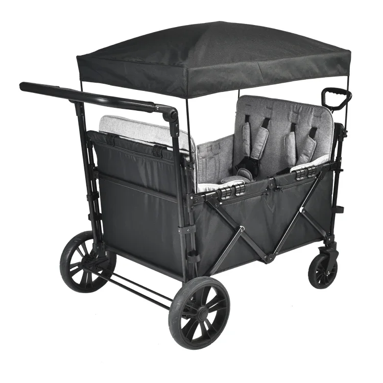 พับ Camping Folding Wagon รถเข็นยูทิลิตี้พับรถเข็น Push Pull Wagon รถเข็นเด็ก Wagon ที่ถอดออกได้ Canopy