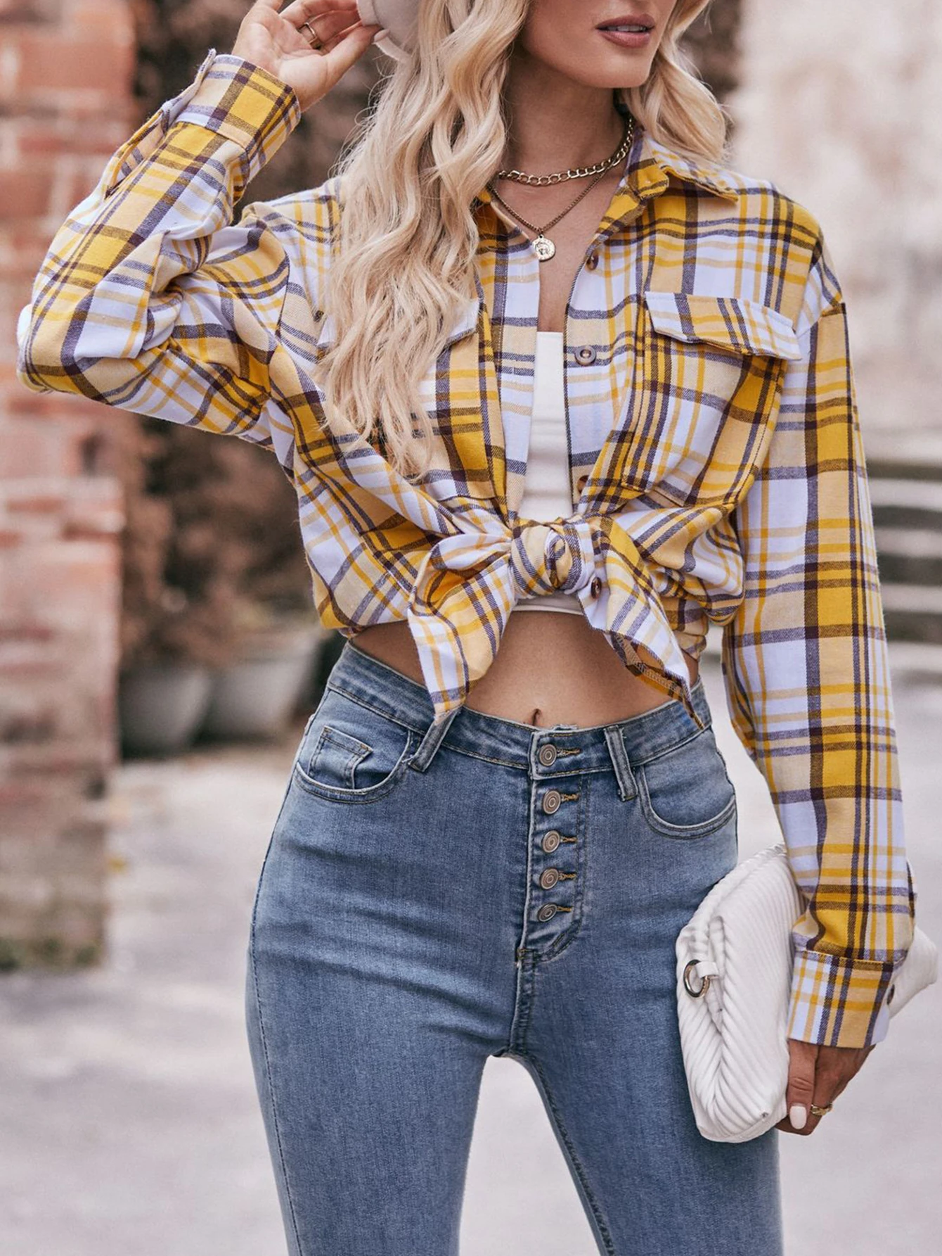 Damen Slim Fit Kariertes Hemd Einreiher Manschettenärmel Casual Basic Herbst Top