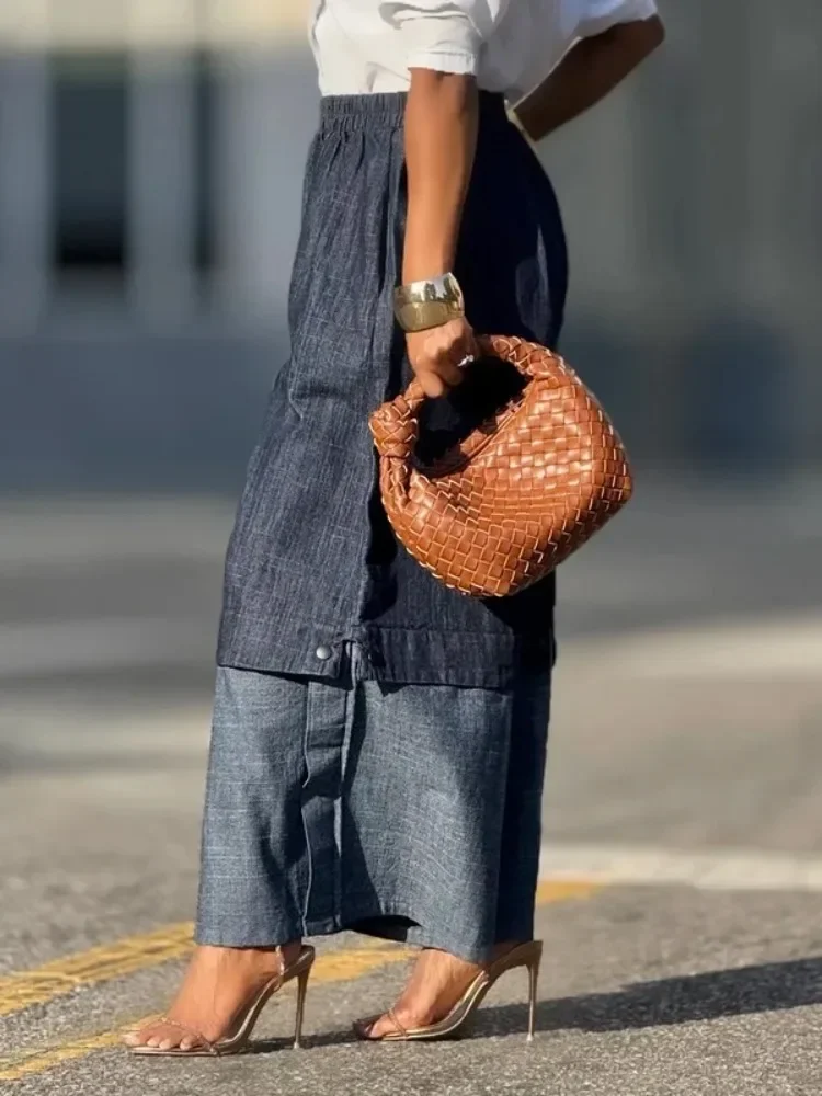 

UOOZEE городская женская уличная одежда многослойные джинсовые широкие брюки свободные эластичные карманы с высокой талией мешковатые джинсы брюки низ