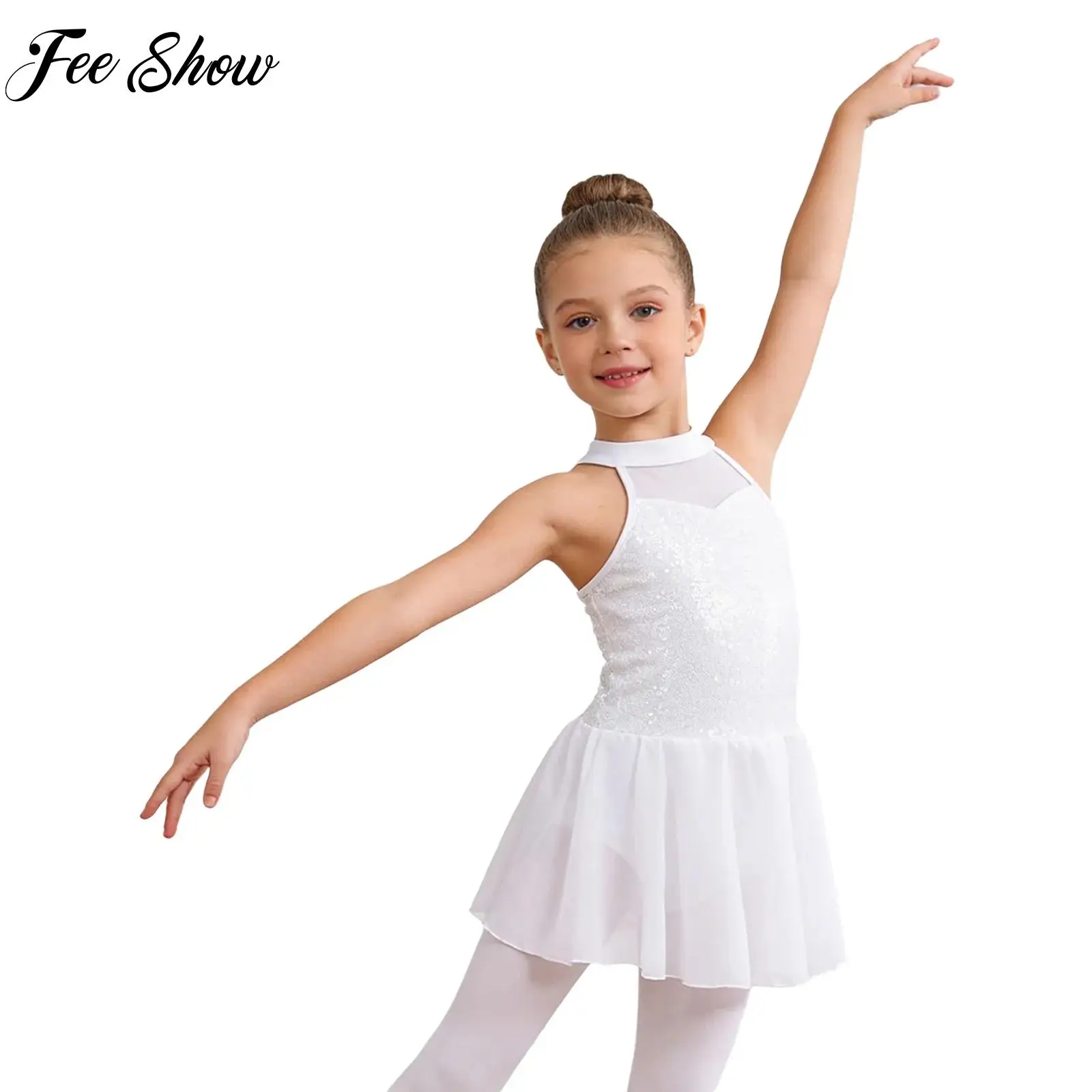 

Kids Girls Gymnastics Ballet Solid Color Dance Performance Set Shiny Sequins Back Halter Sleeveless Mesh Patchwork Chiffon Dress