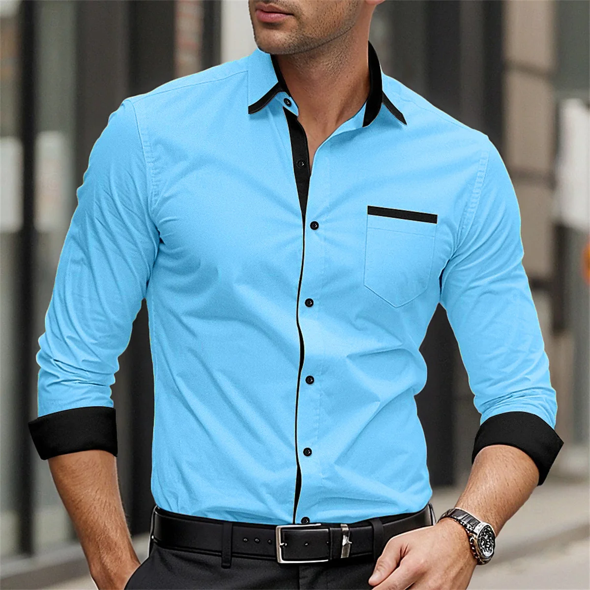 Men's formal shirt solid color splicing business casual printed shirt for spring and summer daily wear pocket comfortable shirt