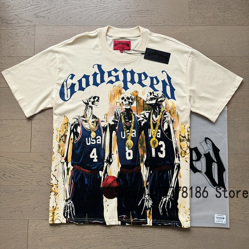 

Summer Men Women Streetwear Godspeed T-shirt Real Photo Basketball Team Printed Rock Hip Hop Cotton Tee Short Sleeve