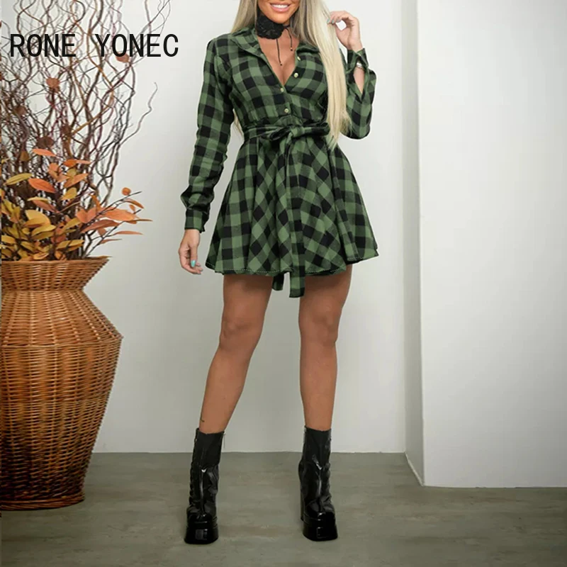 

2024 Women Plaid Turn Down Collar Long Sleeves Shirring Sashes A-line Mini Dress